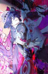 1boy ashveil_(honkai:_star_rail) black_shirt covered_collarbone crescent crescent_pin english_commentary eyelashes gloves half-closed_eyes hand_up hat hat_feather hat_ornament highres holding holding_sword holding_weapon honkai:_star_rail honkai_(series) jacket jewelry lapels lips long_hair long_sleeves looking_at_viewer looking_up lying male_focus multicolored_hair necklace on_back open_clothes open_jacket paper pink_hair purple_hair ring shadow shirt smile solo spriiiiiiing sword teeth turtleneck turtleneck_shirt two-tone_hair very_long_hair violet_eyes weapon white_gloves white_hat white_jacket 