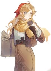  1girl absurdres bag blonde_hair blue_eyes brown_bag brown_gloves brown_jacket brown_skirt closed_mouth fang fang_out gloves hand_up headscarf highres holding holding_bag jacket long_hair long_sleeves looking_to_the_side nishiyos open_clothes open_jacket red_headscarf reverse:1999 scarf shirt skirt smile solo upper_body vila_(reverse:1999) white_background white_shirt yellow_scarf 
