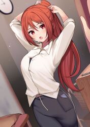  1girl black_pants blurry blurry_background blush character_name collared_shirt commentary dutch_angle eyelashes hair_between_eyes indoors light_particles long_hair long_sleeves mingita_(ry_thae) name_tag open_mouth original pants ponytail red_eyes red_hair ry_thae shirt solo sweat tying_hair white_shirt 