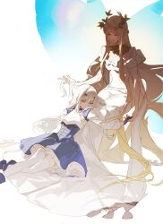  2girls absurdres aurora_(fate) blonde_hair braid circlet clothing_cutout dress fairy fairy_wings fate/grand_order fate_(series) gloves hair_between_eyes hair_ornament hairclip half_up_braid highres holding_hands jewelry lap_pillow long_hair melusine_(fate) multiple_girls necklace open_mouth qiminghaonan99820 sitting smile thigh-highs white_hair wings yellow_eyes yuri 