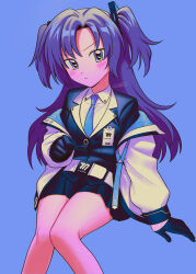  1girl absurdres artist_name bare_legs blue_archive blue_background blue_gloves blue_necktie blue_skirt breasts clenched_hand collared_shirt commentary cowboy_shot gloves half_gloves highres id_card invisible_chair jacket lapels long_hair long_sleeves medium_breasts menma_(enaic31) miniskirt missing_halo necktie notched_lapels off-shoulder_jacket off_shoulder open_clothes open_jacket parted_lips puffy_long_sleeves puffy_sleeves purple_hair school_uniform shirt signature sitting skirt skirt_suit solo suit two_side_up v-shaped_eyebrows violet_eyes white_jacket white_shirt yuuka_(blue_archive) 