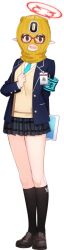 1girl @_@ arm_behind_back armband ayane_(blue_archive) balaclava black_hair black_skirt black_socks blue_archive blue_jacket blue_necktie blush brown_eyes brown_shoes buttons clenched_hand clothes_writing covered_face embarrassed full_body game_asset glasses halo hand_on_own_chest hand_up highres holding holding_tablet_pc hwansang id_card jacket kneehighs large_variant_set layered_sleeves legs legs_together looking_at_viewer miniskirt necktie official_art open_clothes open_jacket open_mouth plaid_clothes plaid_skirt pleated_skirt pocket pointy_ears red-framed_eyewear red_halo safety_pin school_uniform shirt shoes simple_background skirt socks solo standing sweater tablet_pc tachi-e tears thighs third-party_source transparent_background variant_set white_shirt wide-eyed yellow_sweater 