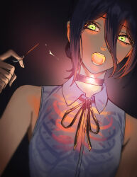  1girl black_choker black_ribbon chainsaw_man choker collared_shirt green_eyes grenade_pin hair_between_eyes hair_bun highres jason_kim neck_ribbon purple_hair reze_(chainsaw_man) ribbon ribs shirt sleeveless sleeveless_shirt solo teeth white_shirt 