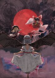  3girls apron ascot back bare_back bat_wings black_hair black_skirt black_vest blonde_hair blue_hair bow broom broom_riding commentary detached_sleeves dress floating gohei hair_tubes hakurei_reimu hat hat_ribbon highres holding holding_gohei holding_ofuda holding_own_dress kirisame_marisa long_hair medium_hair mob_cap moon multiple_girls nontraditional_miko ofuda red_bow red_eyes red_moon red_shirt red_skirt remilia_scarlet ribbon scarlet_devil_mansion shirt skirt touhou vampire vest white_dress white_shirt wings witch_hat yellow_ascot yellow_eyes zu_zukan 