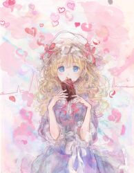  1girl blonde_hair blue_eyes blush bow covered_mouth dress frilled_sleeves frills gift hat hat_ribbon heart highres holding holding_gift long_hair maribel_hearn mob_cap neck_ribbon puffy_sleeves purple_dress red_bow red_ribbon ribbon sash solo touhou uwazumi valentine waist_bow white_bow white_hat white_sash 