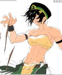  1girl aged_up avatar:_aang_the_last_airbender avatar:_the_last_airbender avatar_legends blind crop_top element_bending floating_rock geokinesis green_hairband green_pants gymnopedies2 hair_bun hairband highres muscular muscular_female pants single_hair_bun sketch solo toph_beifong 