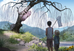  2boys black_hair blue_shirt blue_sky brown_shorts bug butterfly_net child clothes_grab clouds facing_away grass hand_net hat holding holding_butterfly_net monokubo monster mountainous_horizon multiple_boys original outdoors scenery shirt short_hair shorts sky sleeveless sleeveless_shirt standing straw_hat tree twitter_username willow 
