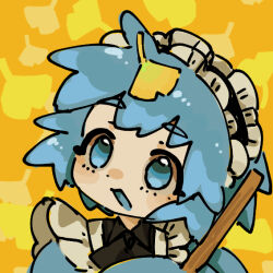  1girl bird_legs blue_eyes blue_feathers blue_hair blue_maid_harpy_(i7go34) blue_tongue blue_wings colored_tongue commentary_request feathered_wings feathers frills harpy i7go34 leaf leaf_on_head maid maid_headdress monster_girl open_mouth orange_background original short_hair solo winged_arms wings 