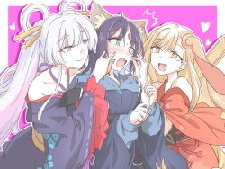  3girls ^^^ absurdres animal_ear_fluff animal_ears bare_shoulders blonde_hair blue_kimono blush cho_kaguya-hime! closed_mouth commentary crescent crescent_hair_ornament extra_ears facial_mark forehead_mark fox_shadow_puppet green_eyes hair_ornament hair_rings hair_stick hariyaa heart highres japanese_clothes kaguya_(cho_kaguya-hime!) kimono long_hair long_sleeves multiple_girls nervous_sweating obi off_shoulder open_mouth orange_eyes outline purple_hair purple_kimono rabbit_ears red_kimono runami_yachiyo sakayori_iroha sash short_hair smile surprised sweat untranslatable_commentary upper_body white_hair white_outline wide_sleeves yuri 
