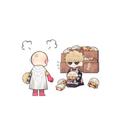  2boys anger_vein apron bald black_pants blue_shirt boots box cape cardboard_box character_doll chibi doll flying_sweatdrops genos gloves highres ie_(nyj1815) jumpsuit male_focus multiple_boys one-punch_man pants pink_apron red_boots red_gloves saitama_(one-punch_man) seiza shirt simple_background sitting sleeveless sleeveless_shirt standing white_background white_cape yellow_jumpsuit 