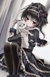  1girl 9-nine- animal black_bow black_capelet black_dress black_hair black_pantyhose blue_bow blush bow brooch capelet cat closed_mouth dress dutch_angle feet_out_of_frame floral_print floral_print_dress frilled_capelet frilled_dress frilled_hairband frilled_sleeves frills gothic_lolita green_eyes hair_between_eyes hair_bow hair_intakes hair_ornament hairband hairclip half-closed_eyes happy highres holding holding_animal holding_cat indoors jewelry kasukasugom1 knees_up legs_together lolita_fashion lolita_hairband long_sleeves looking_at_animal looking_at_viewer pantyhose print_dress red_eyes rose_print sitting smile solo split_mouth white_cat wide_sleeves yuuki_noa 