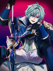  1boy ahoge armor arms_up belt belt_collar black_belt black_gloves blue_background blue_shirt choker coat collar collared_shirt commentary_request crossed_bangs disaster_and_remorse_(genshin_impact) faceless genshin_impact gloves gradient_background green_hair hair_between_eyes hair_intakes hand_on_own_chin highres holding holding_polearm holding_weapon lohen_(genshin_impact) long_sleeves looking_at_another male_focus manspreading messe_3 mole mole_under_eye multicolored_eyes pants parted_lips pink_background polearm purple_background shirt short_hair shoulder_armor sitting spear spread_legs thigh_strap twitter_username weapon white_pants 