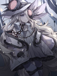  1girl :o absurdres armor bare_tree black_choker black_gloves black_trim blonde_hair blue_eyes chain check_clothing choker clothing_request commentary diabellze_the_original_sinkeeper dress duel_monster dutch_angle elzette_of_the_white_forest feet_out_of_frame gloves half_mask hat hat_ornament highres jacket long_hair long_sleeves mask parted_lips plant pleated_dress shoulder_armor sleeves_past_wrists solo thigh_strap thorns tree untranslatable_commentary user_afmj5734 vines white_dress white_hat white_jacket witch_hat yu-gi-oh! 
