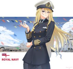  1girl absurdres battleship black_jacket black_necktie black_pants blue_eyes english_text highres hms_duke_of_york jacket leochan1202 long_hair military_uniform military_vehicle naval_uniform necktie original pants royal_navy ship shirt solo very_long_hair warship watercraft white_shirt world_war_ii 