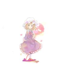  1girl autumn_leaves blonde_hair blush commentary deformed dress frilled_dress frilled_shirt_collar frills hat highres leaf long_sleeves maribel_hearn medium_hair mob_cap neck_ribbon open_mouth purple_dress red_ribbon red_shoes ribbon road_sign shoes sign sleeve_cuffs solo standing stop_sign touhou uwazumi violet_eyes white_background white_hat 