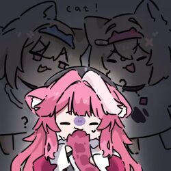  3girls ? animal_ear_fluff animal_ears bandaid bandaid_hair_ornament biting_own_tail blonde_hair chibi chibi_only closed_eyes coat commentary dog_ears dog_girl english_commentary english_text facing_viewer fake_horns fuwawa_abyssgard hair_ornament hairclip hat hololive hololive_english horns long_hair looking_at_another mococo_abyssgard multiple_girls mumumrt panther_ears panther_girl panther_tail parallel_hairclips pink_coat pink_eyes pink_hair raora_panthera raora_panthera_(1st_costume) shirt short_hair siblings simple_background sisters sweat tail twins white_shirt 