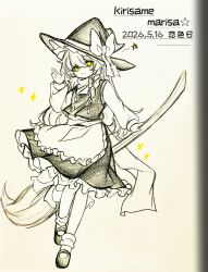  1girl absurdres apron back_bow bow braid broom chinese_commentary closed_mouth commentary_request dated frilled_skirt frills full_body hair_bow hat hat_bow highres holding holding_broom kirisame_marisa long_hair looking_at_viewer marisa_day mary_janes shoes side_braid single_braid skirt smile socks solo spot_color star_(symbol) touhou traditional_media translation_request vest waist_apron witch_hat wu_yu_wanwan 