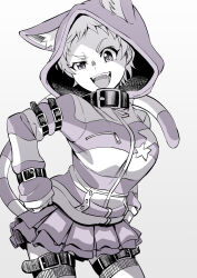  1girl animal_ear_hood animal_hood cat_hood commentary_request eyelashes fake_tail fangs greyscale hands_on_own_hips highres hood hooded_jacket idolmaster idolmaster_cinderella_girls jacket long_sleeves monochrome natsumi_chorisuke official_alternate_costume open_mouth pixie_cut senzaki_ema short_hair simple_background skirt smile solo star_(symbol) striped_clothes tail teeth upper_teeth_only very_short_hair white_background zipper 