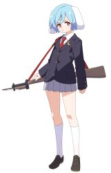  1girl absurdres animal_ears baba_(baba_seimaijo) bayonet black_jacket blazer blue_hair brown_shoes closed_mouth collared_shirt commentary_request crescent crescent_pin floppy_ears full_body grey_skirt gun highres jacket kneehighs long_sleeves looking_at_viewer miniskirt necktie pleated_skirt rabbit_ears rabbit_girl red_necktie reisen_(touhou_bougetsushou) shirt shoes short_hair simple_background skirt socks solo sweatdrop touhou weapon weapon_request white_background white_shirt white_socks 