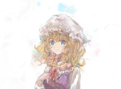  1girl blonde_hair blue_eyes blush closed_mouth dress hat long_hair long_sleeves looking_to_the_side maribel_hearn mob_cap neck_ribbon pinafore_dress purple_dress red_ribbon ribbon shirt sleeveless sleeveless_dress smile solo touhou uwazumi white_background white_hat white_shirt 