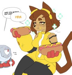  1girl absurdres animal_ears black_pants brown_hair cat_ears cat_girl cat_tail dress eating food furry furry_female gameoverse gameplay_ability gameplay_mechanics gauntlets goggles goggles_on_head healing highres holding holding_food hot_dog hot_dog_bun kaboodle_(gameoverse) kit_(gameoverse) mustard notohsoserious pants plus_sign red_eyes simple_background sleeveless tail whiskers white_background yellow_dress yellow_gauntlets 