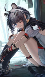  1girl absurdres ahoge animal_ears arknights arknights:_endfield black_gloves black_hair black_socks blue_eyes commentary_request extra_ears eyepatch fingerless_gloves gauze gauze_on_leg gloves grin hair_ornament hairclip hand_on_own_leg heart highres looking_at_viewer on_ground paserin_ekaku penguin_print puffy_short_sleeves puffy_sleeves short_sleeves sitting smile socks solo sweat tail tangtang_(arknights) tiger_ears tiger_girl tiger_tail 