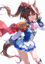  1girl animal_ears ascot asymmetrical_gloves blue_eyes blue_gloves blush boots brown_hair buttons cape commentary_request double-breasted epaulettes gloves hair_between_eyes horse_ears horse_girl horse_tail jacket long_hair long_sleeves looking_at_viewer mismatched_gloves multicolored_hair multicolored_jacket niim open_mouth pink_ascot ponytail red_cape simple_background single_epaulette single_hair_streak skirt smile solo streaked_hair tail tokai_teio_(peak_joy)_(umamusume) tokai_teio_(umamusume) two-tone_hair two-tone_jacket two-tone_skirt umamusume white_background white_boots white_gloves white_hair white_jacket white_skirt white_streaks 