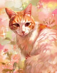  absurdres alwaysalele animal animal_focus cat commentary flower fluffy highres looking_at_viewer no_humans orange_cat original painterly pink_flower pink_rose realistic rose solo spanish_commentary sparkle tabby_cat warm_colors whiskers 