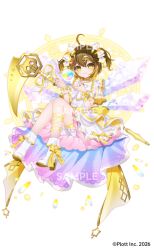  1girl ahoge bloomers boots bow brown_eyes brown_hair character_request closed_mouth commentary_request dress fold-over_boots hair_between_eyes hair_bow holding looking_at_viewer magic_circle official_art sample_watermark sapphire_(sapphire25252) skull smile solo twintails watermark white_background white_bloomers white_boots white_bow white_dress yellow_bow zenryoku_kaihi_flag-chan! 