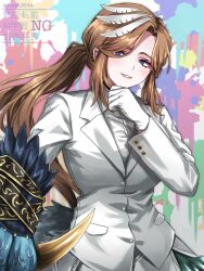  1girl animal_hands black_choker blue_eyes breasts choker collared_shirt colorful_background commentary_request cowboy_shot curtained_hair dress_shirt feather_hair_ornament feathers gloves grin hair_ornament hand_on_own_chin hand_up highres jacket lapels large_breasts limbus_company long_hair looking_to_the_side notched_lapels paint_splatter pant_suit pants parted_bangs pink_lips ponytail project_moon ring_(identity)_(project_moon) rodion_(project_moon) rug_(yurari606) shirt sidelocks smile solo standing stitches suit suit_jacket twitter_username watermark white_gloves white_jacket white_pants white_shirt white_suit 