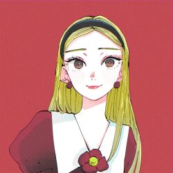  1girl absurdres asagiwa_ico black_hairband blonde_hair blush brown_eyes camellia closed_mouth collared_dress commentary commission dress earrings eyelashes flower forehead hairband highres jewelry lipstick long_hair looking_at_viewer makeup middle_part original parted_hair pixiv_commission portrait red_background red_dress red_flower red_lips simple_background smile solo v-neck 