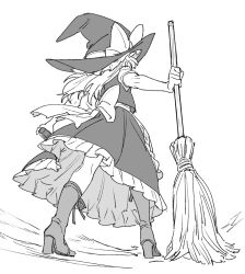 1girl apron back_bow boots bow broom commentary_request facing_away frilled_skirt frills from_behind full_body greyscale hat hat_bow high_heel_boots high_heels highres holding holding_broom kirisame_marisa long_hair mero_(starfish_jcs) mini-hakkero monochrome skirt solo touhou vest waist_apron witch_hat 