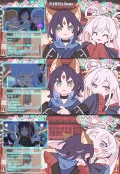  2girls ^_^ animal_ears black_choker blue_eyes blue_hoodie chat_log cho_kaguya-hime! choker closed_eyes closed_mouth colored_inner_hair commentary embarrassed fox_ears fox_girl fox_tail hair_ornament hair_rings hair_stick haiyuan182 highres hood hood_down hoodie hug kaguya_(cho_kaguya-hime!) male_focus multicolored_hair multiple_girls open_mouth pink_hair runami_yachiyo sakayori_iroha short_hair sleeves_past_wrists tail twintails yuri 