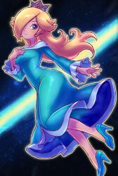  1girl aqua_dress blonde_hair blue_eyes blue_shoes breasts brooch commentary crown dress earrings hair_over_one_eye high_heels highres jewelry long_hair long_sleeves off-shoulder_dress off_shoulder rb-gs rosalina shoes silver_crown solo space star_(symbol) star_earrings super_mario_bros. 