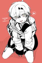  1boy absurdres ahoge black_gloves black_shorts english_text full_body gloves greyscale_with_colored_background heart highres holostars holostars_english looking_at_viewer machina_x_flayon male_focus open_mouth red_background short_hair shorts simple_background solo spoken_heart suicchonsuisui thighs virtual_youtuber 