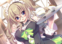  1girl 9-nine- :o bare_shoulders black_dress blue_eyes blush bow breasts brown_hair commentary cowboy_shot cup dress dutch_angle eyes_visible_through_hair frilled_dress frilled_sleeves frills glasses green_bow hair_between_eyes hands_up highres holding holding_tray indoors kujou_miyako large_breasts long_hair long_sleeves looking_at_viewer maid maid_headdress nine_ball_maid_uniform off-shoulder_dress off_shoulder official_alternate_costume official_alternate_hairstyle open_mouth red-framed_eyewear sidelocks solo sukonbu385 tea teacup teapot tray twintails very_long_hair watermark 