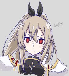  1girl armor artist_name asagi501 black_armor black_jacket black_ribbon brown_hair closed_mouth collared_jacket commentary_request double-parted_bangs eydis_(sao) grey_background hair_between_eyes hair_ribbon high_collar highres jacket light_frown looking_at_viewer portrait red_eyes red_trim ribbon simple_background solo split_mouth straight-on sword_art_online sword_art_online:_alicization sword_art_online:_unleashed_blading twitter_username two-tone_armor watermark white_armor white_trim yellow_trim 