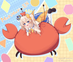  1girl absurdres back black_shoes blonde_hair blue_crown blue_eyes blue_skirt blush bow bowtie commentary crab crown english_commentary fish frilled_wrist_cuffs frills goldfish hair_between_eyes hair_bow highres koshmarrin marimari_(marimari_1.0)_(vtuber) marimari_(vtuber) mini_crown open_mouth orange_bow orange_bowtie phase_connect shirt shoes short_eyebrows side_ponytail skirt solo suspender_skirt suspenders thigh-highs virtual_youtuber white_shirt white_thighhighs wrist_cuffs 