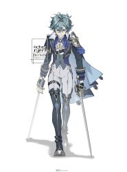  1boy ahoge armor black_boots black_gloves blue_shirt boots cape collared_shirt full_body genshin_impact gloves green_hair hair_between_eyes highres holding holding_sword holding_weapon lohen_(genshin_impact) long_sleeves looking_at_viewer male_focus multicolored_eyes multiple_swords pants ryrmcher shirt short_hair shoulder_armor smile solo straight-on sword thigh_boots walking weapon white_background white_pants 
