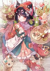  1girl :3 animal apron blunt_bangs blush braid braided_hair_rings cake cake_slice cat cherry closed_mouth commentary cup dango dress drinking_glass ears_through_headwear food foot_out_of_frame frilled_dress frills fruit hair_rings hat highres holding holding_tray ice_cream kneehighs long_sleeves looking_at_viewer multicolored_hair original red_dress red_eyes red_hat red_socks red_streaks short_hair smile socks solo standing streaked_hair tray tsukumi_bis untranslatable_commentary wagashi waist_apron watermark white_apron wide_sleeves 