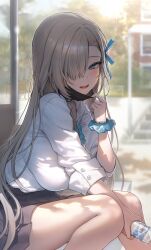 1girl absurdres adjusting_mask asuna_(blue_archive) asuna_(school_uniform)_(blue_archive) black_mask black_skirt blue_archive blue_eyes blue_ribbon blue_scrunchie bottle breasts brown_hair commentary danha dappled_sunlight day from_side hair_over_one_eye hair_ribbon hand_up highres holding holding_bottle large_breasts looking_at_viewer mask missing_halo mouth_mask official_alternate_costume open_mouth outdoors pleated_skirt ribbon scrunchie shirt sitting skirt solo sunlight white_shirt 
