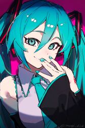  1girl aqua_eyes aqua_hair aqua_nails aqua_necktie bare_shoulders commentary detached_sleeves grey_shirt hair_between_eyes hatsune_miku headset highres long_hair looking_at_viewer mugi626 nail_polish necktie shirt shoulder_tattoo sleeves_past_wrists smile solo tattoo twintails upper_body vocaloid 