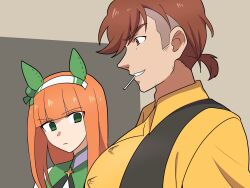  1boy 1girl animal_ears blunt_bangs bow brown_hair ear_bow ear_covers ear_flower flat_chest_joke green_eyes hairband highres hime_cut ho_1000_ka horse_ears horse_girl long_hair long_sleeves orange_hair ponytail shirt short_hair short_ponytail silence_suzuka_(innocent_silence)_(umamusume) silence_suzuka_(umamusume) smile team_spica's_trainer trainer_(umamusume) umamusume undercut vest white_hairband yellow_shirt 