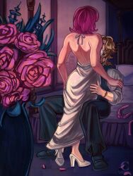  1boy 1girl alternate_costume alternate_universe back backless_dress backless_outfit bed black_pants black_vest blonde_hair bouquet commentary cookietellarts diego_brando dress english_commentary flower grey_shirt hetero high_heels highres hot_pants_(sbr) husband_and_wife indoors jewelry jojo_no_kimyou_na_bouken long_dress medium_hair on_bed pants petals pink_flower pink_hair pink_rose ring rose shirt shoes short_hair sitting standing steel_ball_run vest wedding_ring white_dress white_shoes 