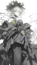  1girl absurdres animal_ears arknights bare_shoulders black_dress black_gloves black_hat cat_ears cat_girl cowboy_shot dagger dress ears_through_headwear gloves green_eyes grey_hair hat highres holding holding_dagger holding_knife holding_weapon kal'tsit_(arknights) knife long_hair looking_at_viewer luozhou_pile simple_background solo strapless strapless_dress weapon white_background 