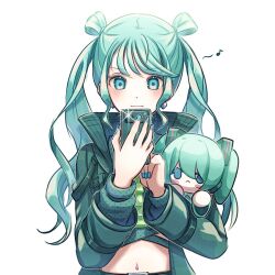  1girl aqua_eyes aqua_hair aqua_nails ascot black_coat blush cellphone character_doll closed_mouth coat commentary_request crop_top cropped_shirt doll dot_nose double_bun green_ascot hair_bun hands_up hatsune_miku high_collar holding holding_phone hugging_doll hugging_object long_hair long_sleeves midriff musical_note nail_polish navel open_clothes open_coat phone polka_dot polka_dot_shirt project_sekai revision selfie shirt sidelocks simple_background smartphone solo solura10839 spoken_musical_note straight-on swept_bangs twintails upper_body vivid_bad_squad_miku vocaloid white_background 
