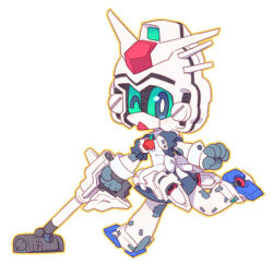  1girl apron chibi commentary full_body green_eyes gundam gundam_0083 gundam_gp-03_stamen looking_at_viewer maid maid_apron mecha mecha_musume one_eye_closed robot robot_girl sd_gundam solo susagane thrusters v-fin vacuum_cleaner 