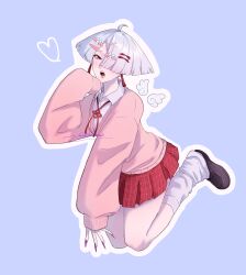  1girl a.k.i._(street_fighter) akichanhaohaoch collared_shirt earrings fingernails grey_hair hair_ornament hair_over_one_eye hairclip highres impossible_hair jewelry leg_warmers long_fingernails mole mole_under_mouth open_mouth pink_sweater pleated_skirt red_eyes sharp_fingernails shirt short_hair skirt solo street_fighter street_fighter_6 sweater tassel tassel_earrings 