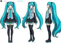  1girl aqua_eyes aqua_hair aqua_necktie aqua_trim artist_name bare_shoulders black_boots black_skirt black_sleeves boots character_name clidzs detached_sleeves english_commentary full_body grey_shirt hair_between_eyes hair_ornament hatsune_miku heart highres long_hair looking_at_viewer looking_to_the_side necktie number_tattoo pleated_skirt reference_sheet shirt shoulder_tattoo skindentation skirt sleeves_past_wrists tattoo thigh_boots tie_clip twintails twitter_username twitter_x_logo very_long_hair vocaloid white_background wide_sleeves wing_collar zettai_ryouiki 