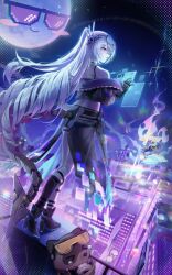  1girl absurdres ankle_boots asymmetrical_legwear bare_shoulders blush boots building city commentary drill_hair eyewear_on_head from_behind full_body grey_eyes grey_hair hair_over_one_eye high_heels highres honkai:_star_rail honkai_(series) lens_flare limi_(li_mi_0) long_hair looking_at_viewer looking_back mechanical_hands midriff night off_shoulder one_eye_covered parted_lips ponytail profile silver_wolf_(honkai:_star_rail) silver_wolf_(lv.999)_(honkai:_star_rail) solo untranslatable_commentary very_long_hair 
